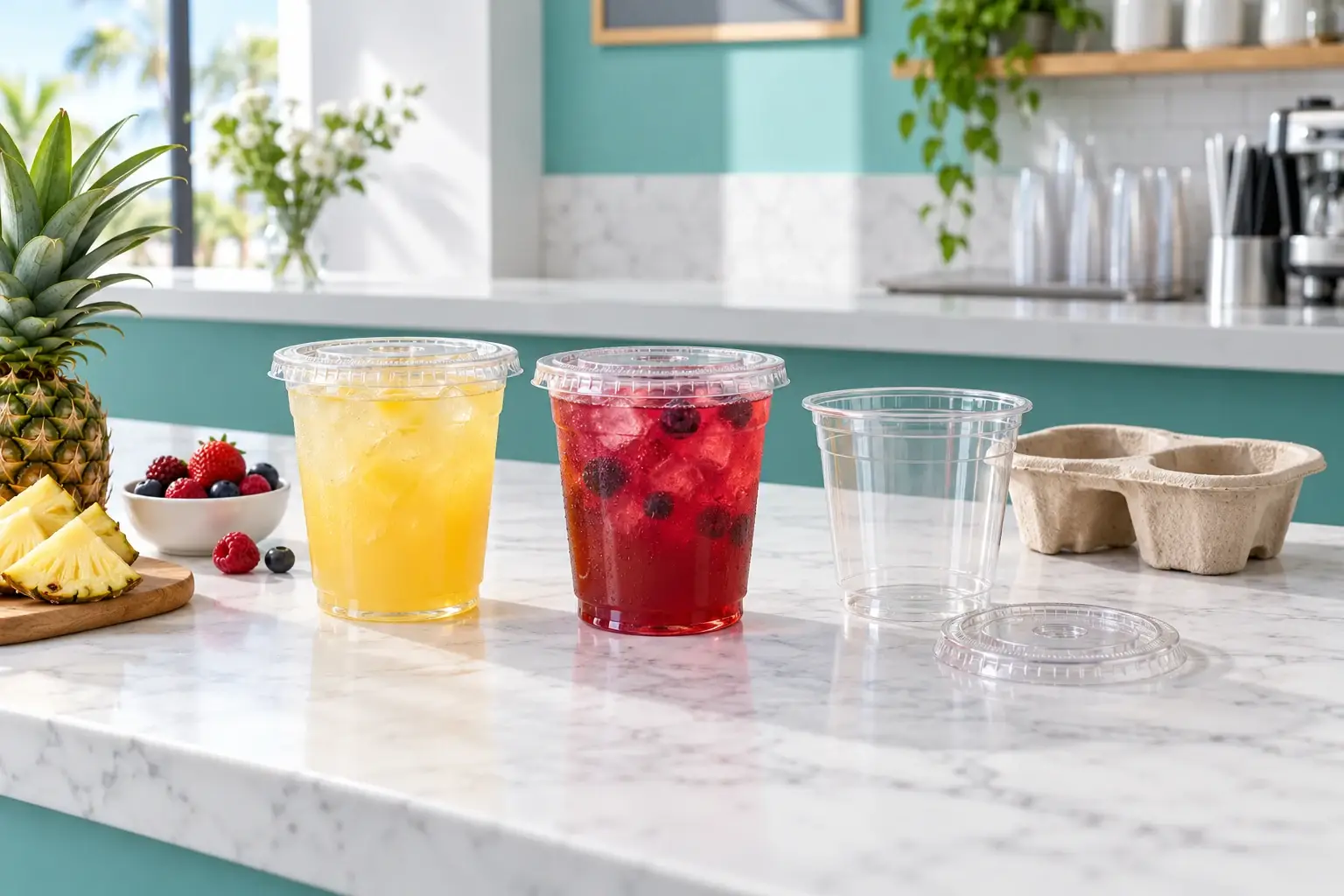 Vasos y tapas para bebidas frías: bebidas frutales y envases genéricos en una barra, ilustración